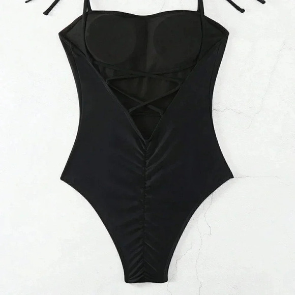 Black Vacation Style Women's Swim Summer Beach Solid Color One-Piece Swimsuit - Picture 4 of 5
